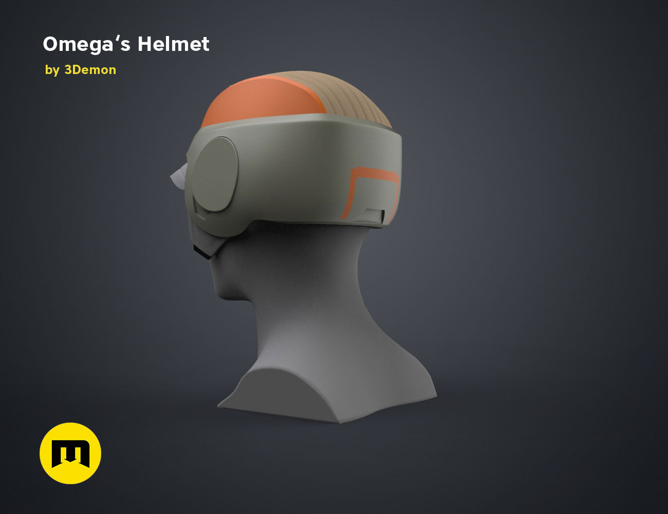 Digital 3D render of Omega’s Helmet – Bad Batch S2, sleek cosplay prop with orange visor detail