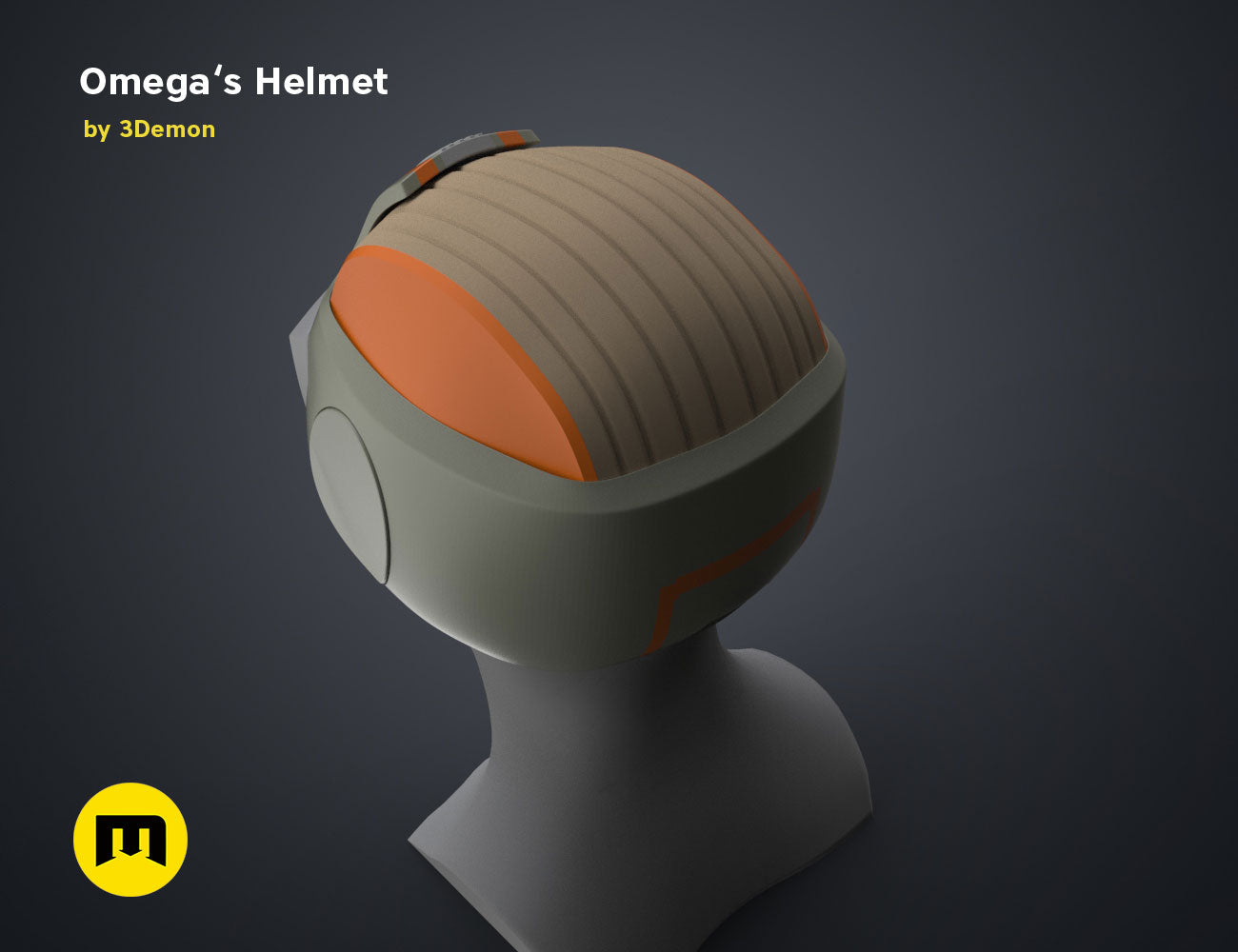 Digital 3D render of Omega’s Helmet – Bad Batch S2, textured sci-fi cosplay prop with ridged top.