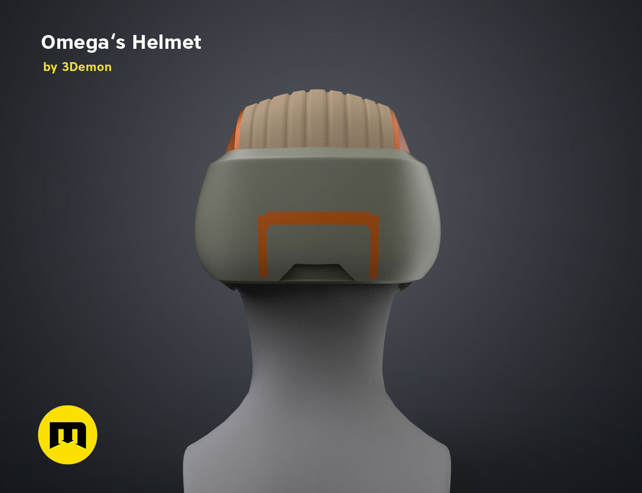 Digital 3D render of Omega’s Helmet – Bad Batch S2, olive green cosplay prop with orange visor trim, 3D print