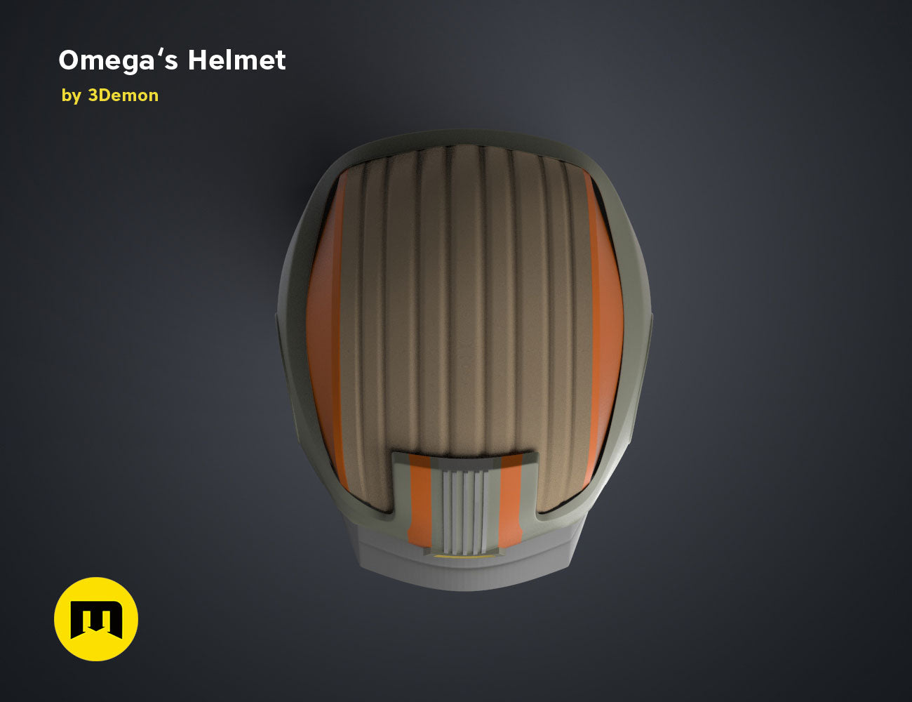 Digital 3D render of Omega’s Helmet – Bad Batch S2, front view, 3D print cosplay prop.