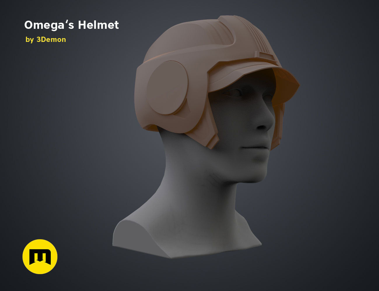Digital 3D render of Omega’s Helmet – Bad Batch S2, orange cosplay prop with ear pads, 3D print.