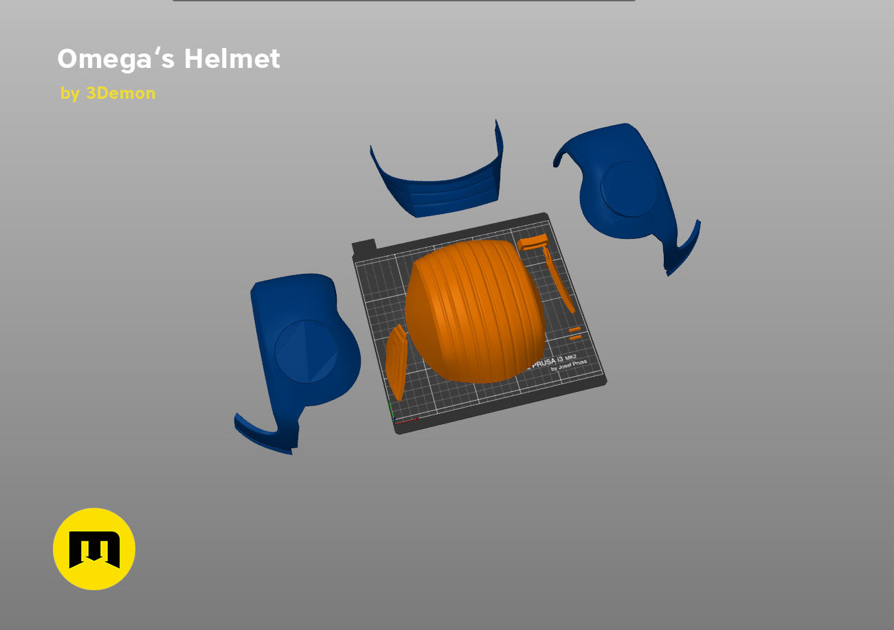 Slicer screenshot of Omega's Helmet – Bad Batch S2 STL, orange/blue parts on Prusa print bed