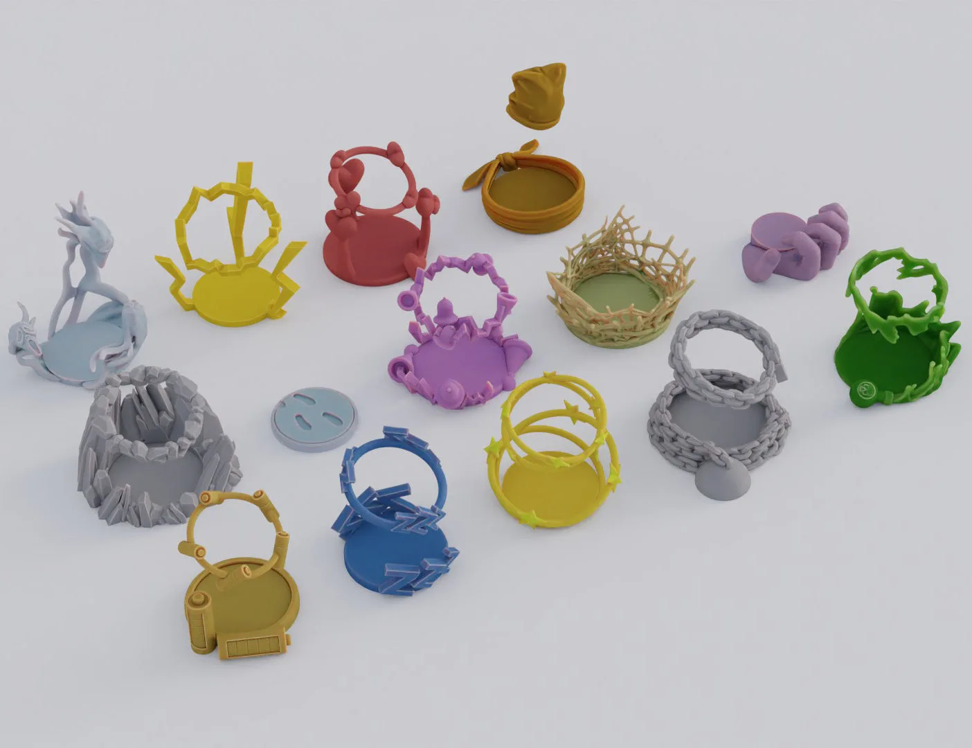 Disassembled parts of Practical Condition Markers for DnD figures, 15 colorful 3D printed bases and stands.