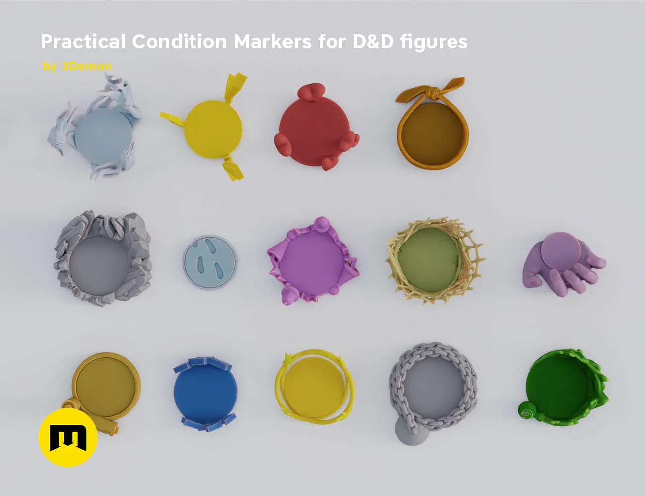 Digital 3D render of Practical Condition Markers for D&D figures, 12 colorful base markers with damage effects.