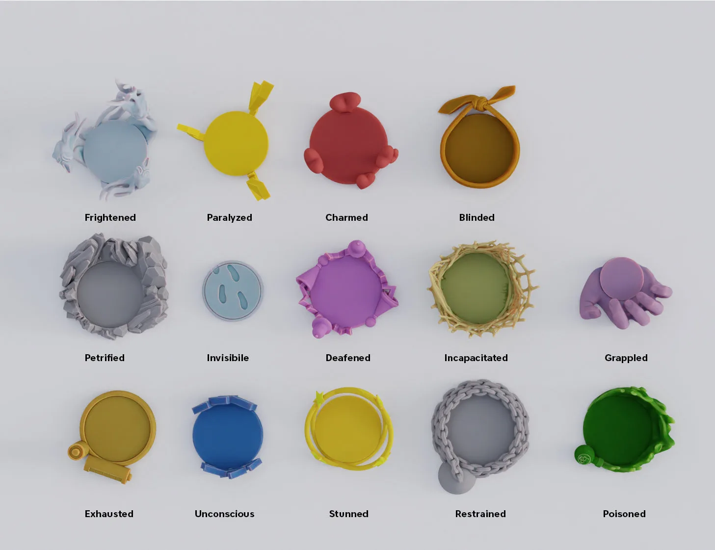 Exploded view of Practical Condition Markers for DnD figures, 12 colored status tokens with labels.