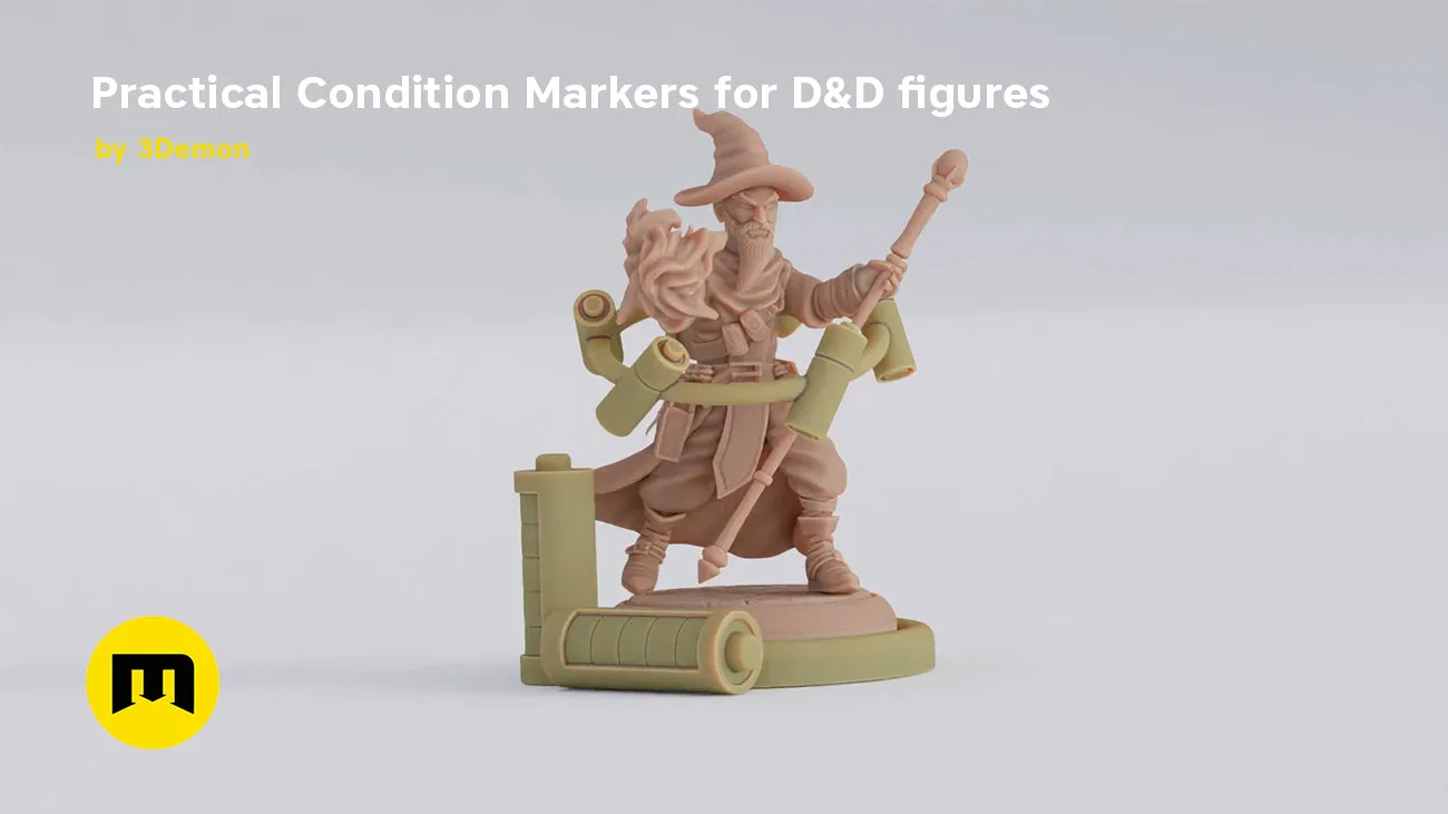 Digital 3D render of Practical Condition Markers for D&D figures, wizard figure with scroll base, 3D print.