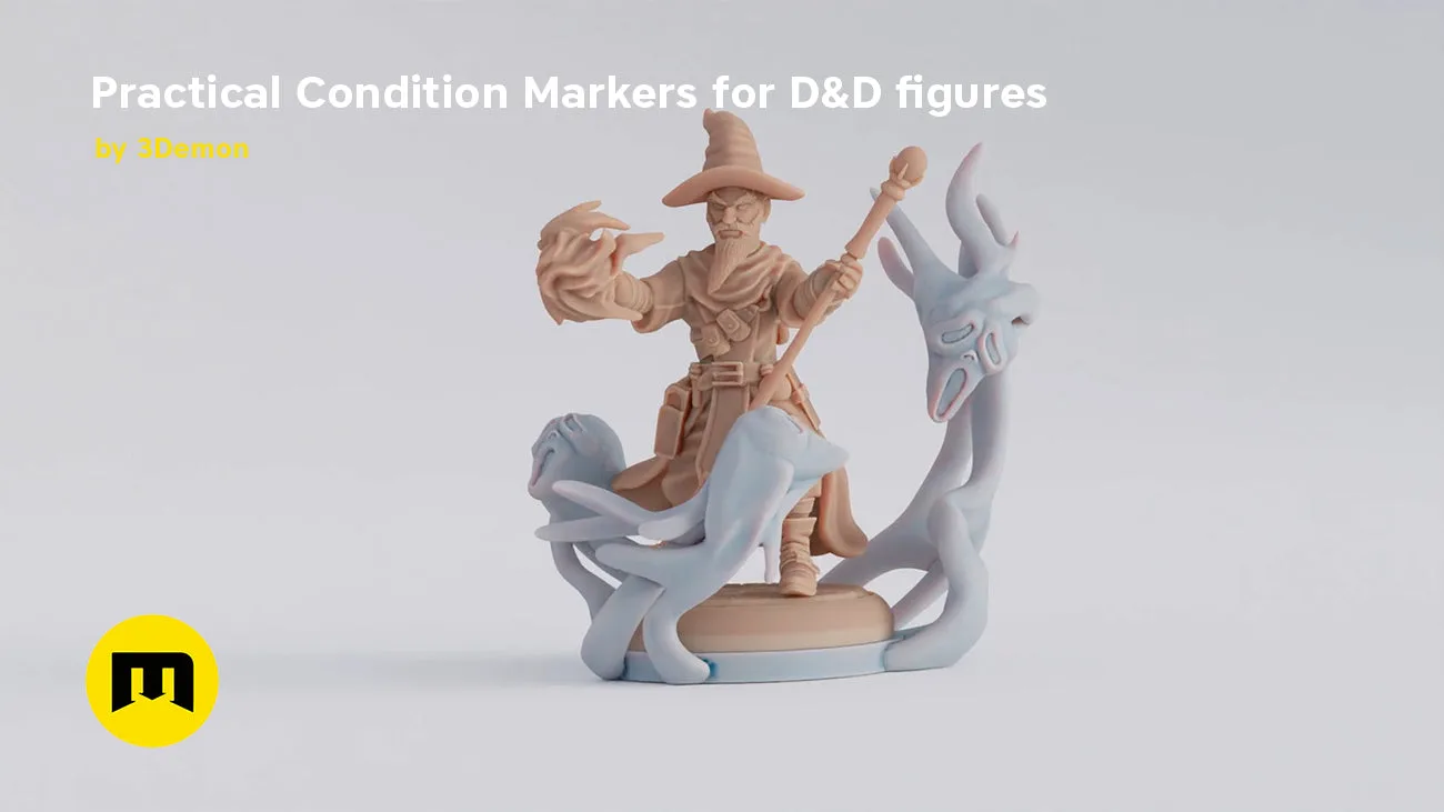 Digital 3D render of Practical Condition Markers for D&D figures, wizard and dragon STL, smooth grey/blue.