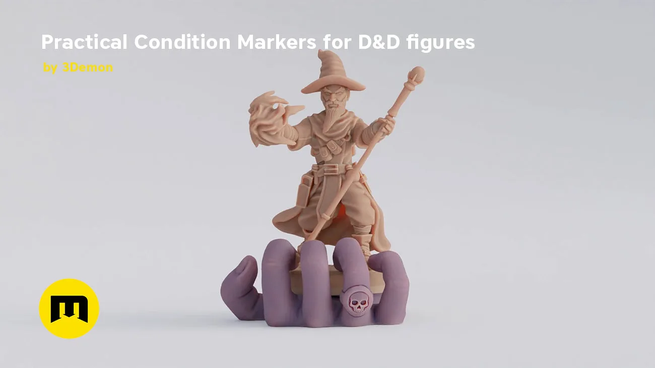 Digital 3D render of Practical Condition Markers for D&D figures, purple prongs with skull, beige wizard figure.