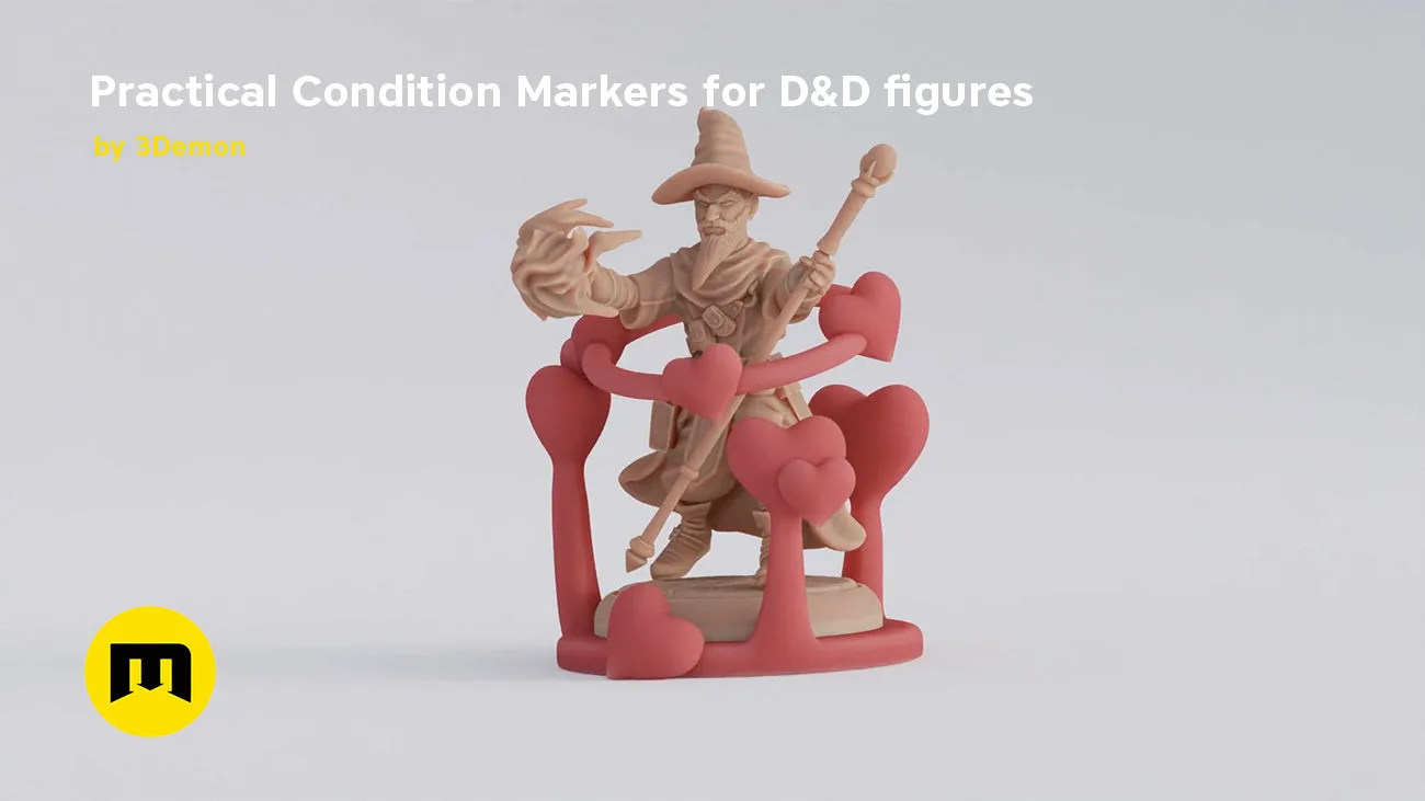 3D render of Practical Condition Markers for DnD figures, red heart-shaped bases, beige wizard figure.