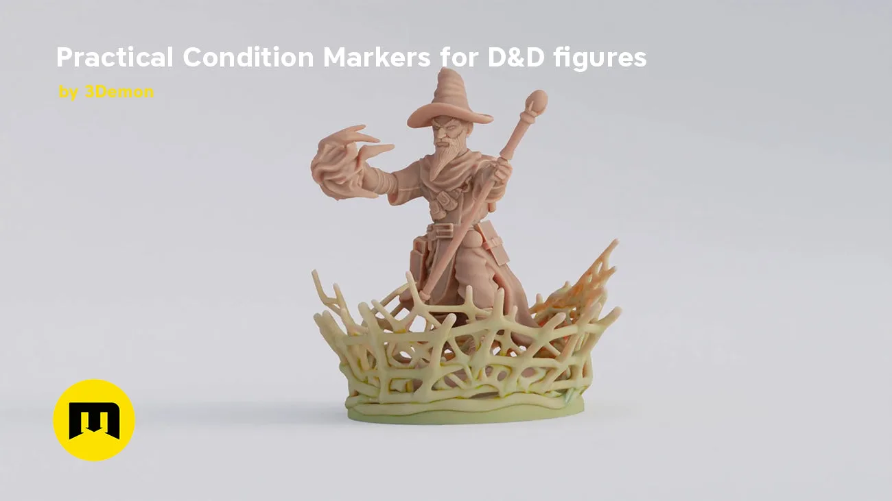 Digital 3D render of Practical Condition Markers for D&D figures, 3D printed crown with flame base.