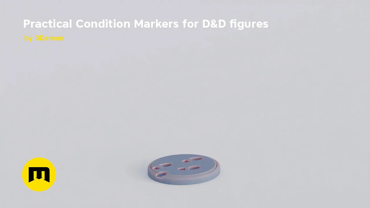 Digital 3D render of Practical Condition Markers for D&D figures, grey base with red prongs, 3D print.