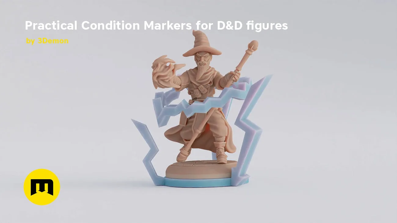 Digital 3D render of Practical Condition Markers for D&D figures, lightning-themed base with wizard figure.