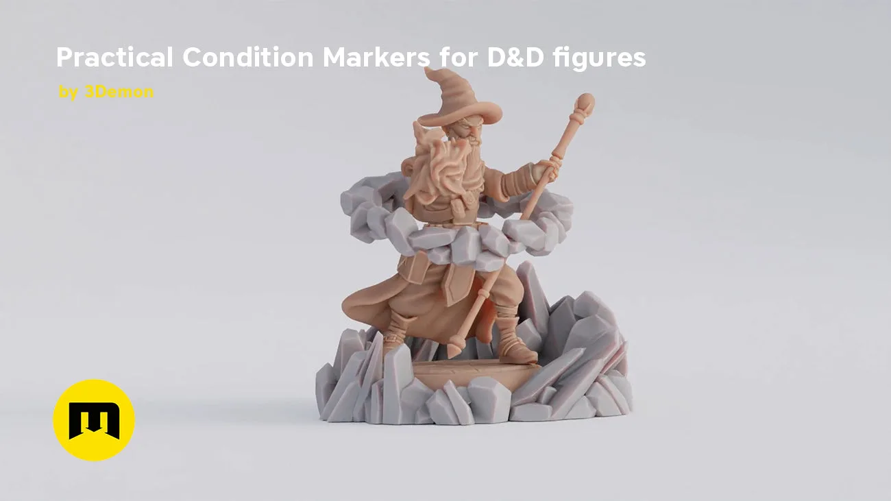 Digital 3D render of Practical Condition Markers for DnD figures, grey wizard figure with staff on rocky base, 3D print.