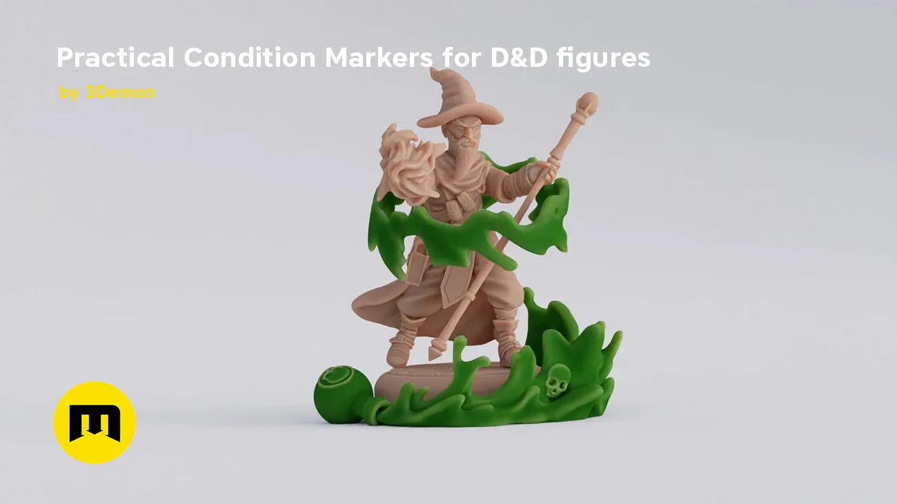 Digital 3D render of Practical Condition Markers for D&D figures, green/beige wizard casting spell STL.