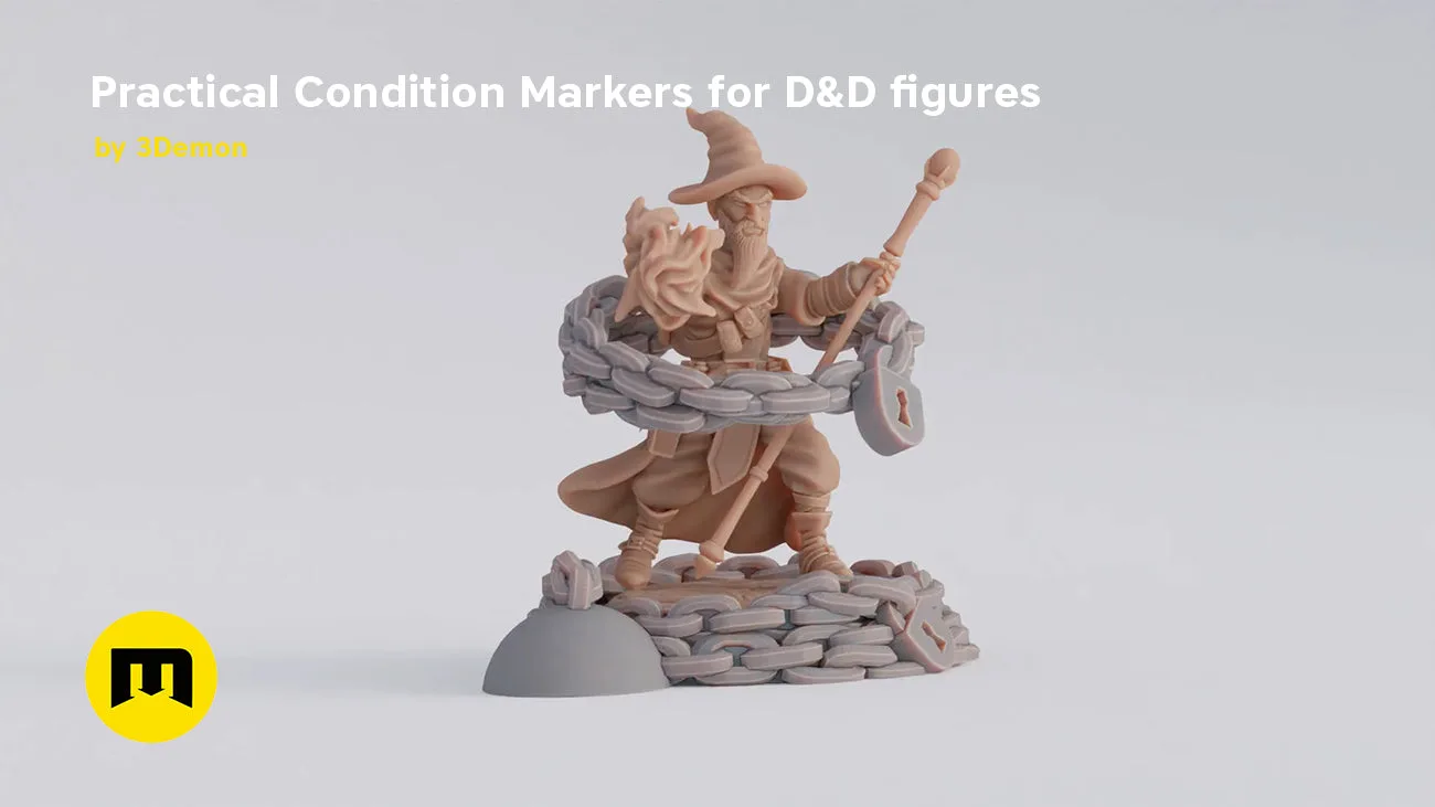 Digital 3D render of Practical Condition Markers for D&D figures, grey wizard with staff and guitar, 3D print.