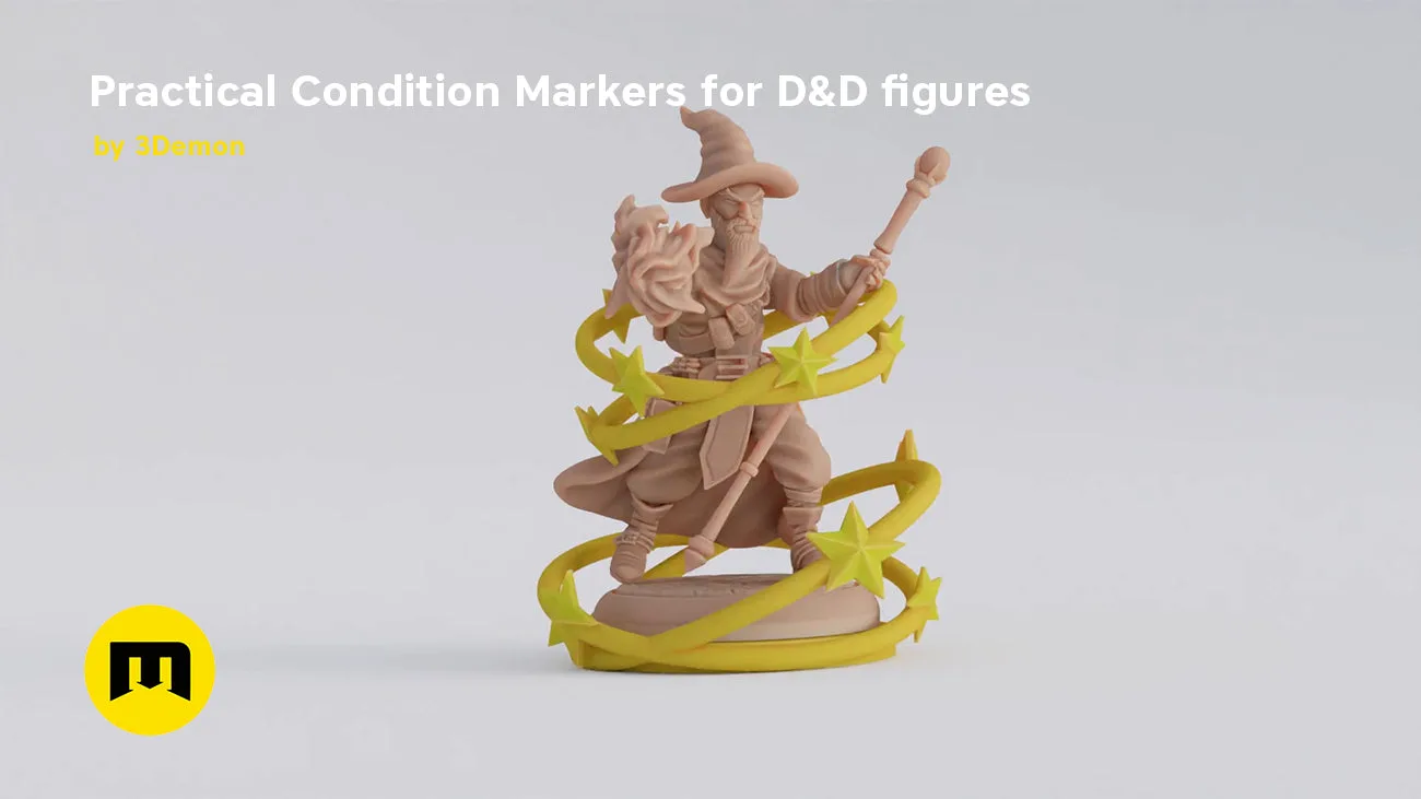 Digital 3D render of Practical Condition Markers for D&D figures, yellow star-shaped markers with beige wizard figure.