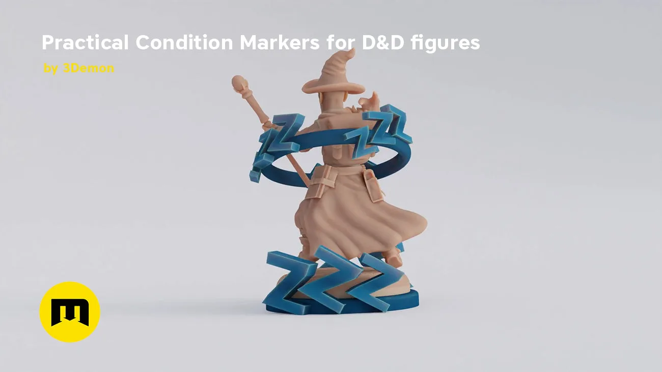 Digital 3D render of Practical Condition Markers for D&D figures, blue sleep symbols, 3D printable.