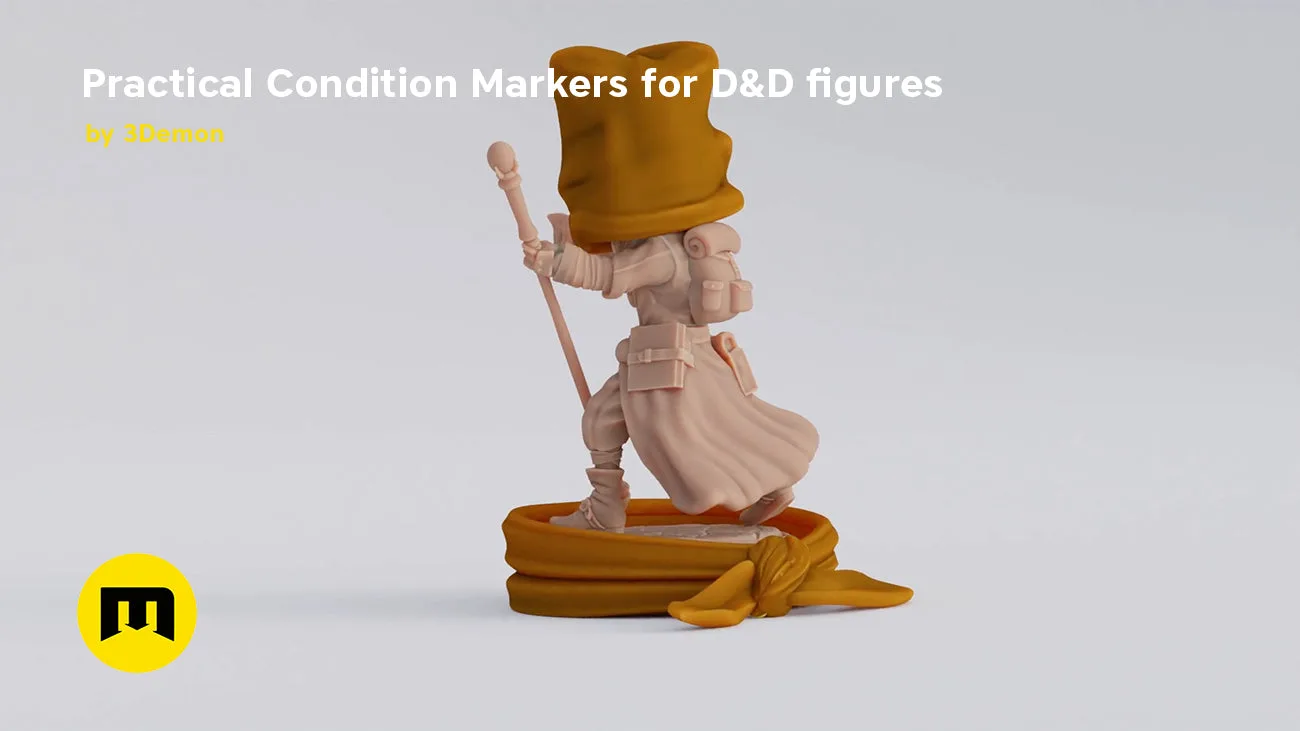 Digital 3D render of Practical Condition Markers for D&D figures, brown hat and staff, 3D printed cosplay prop.