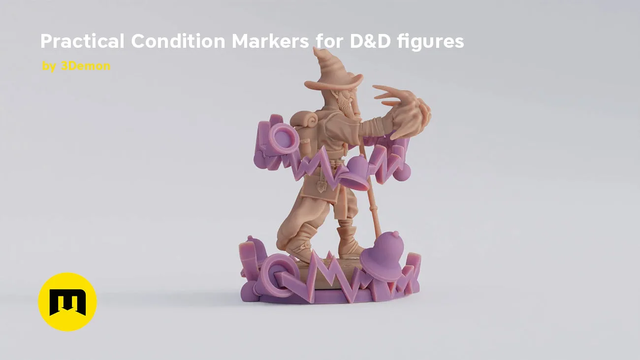 3D model render of Practical Condition Markers for DnD figures, purple spikes, beige wizard figure.
