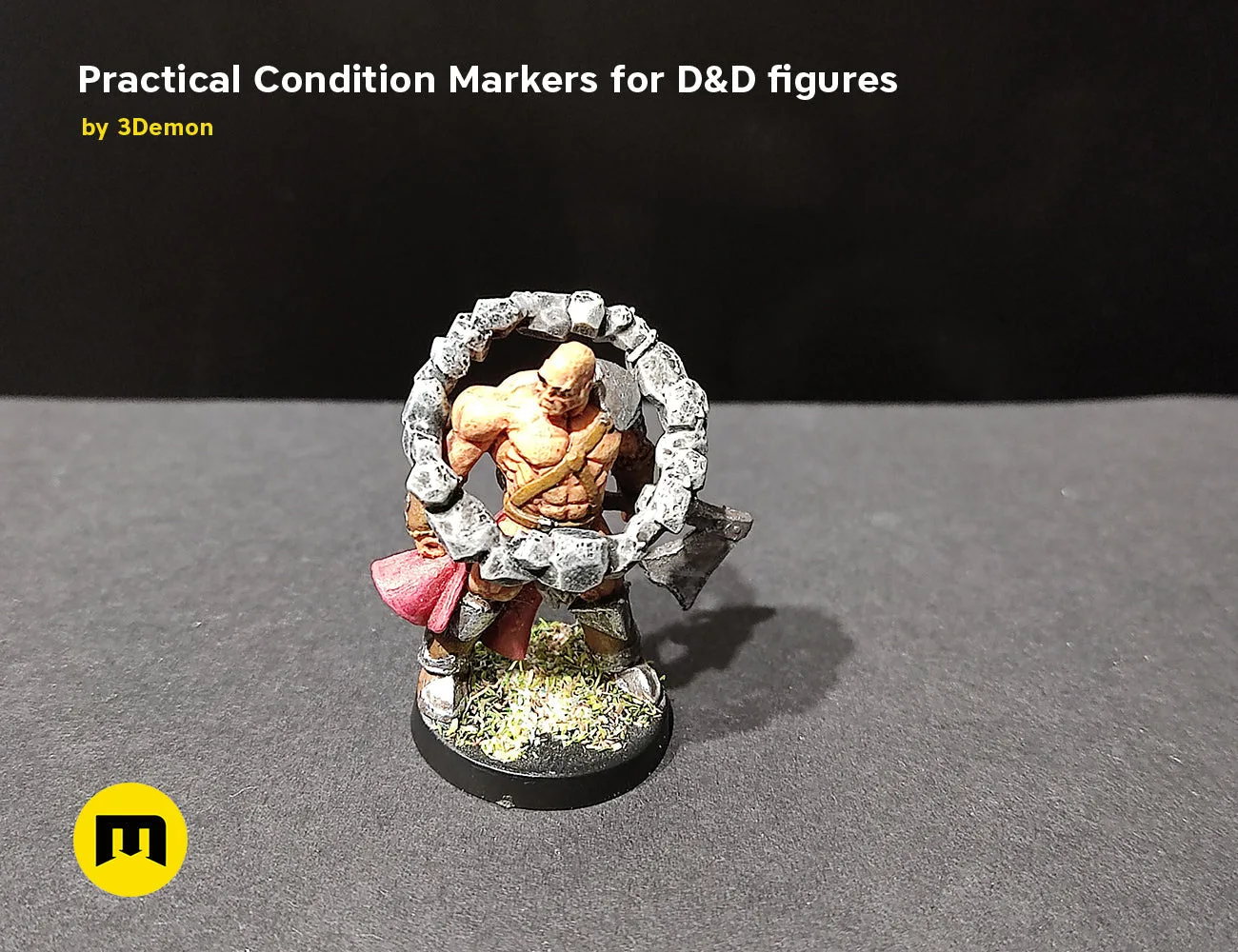 Textured 3D render of Practical Condition Markers for D&D figures, metallic ring with muscular figure, 3D printed cos...