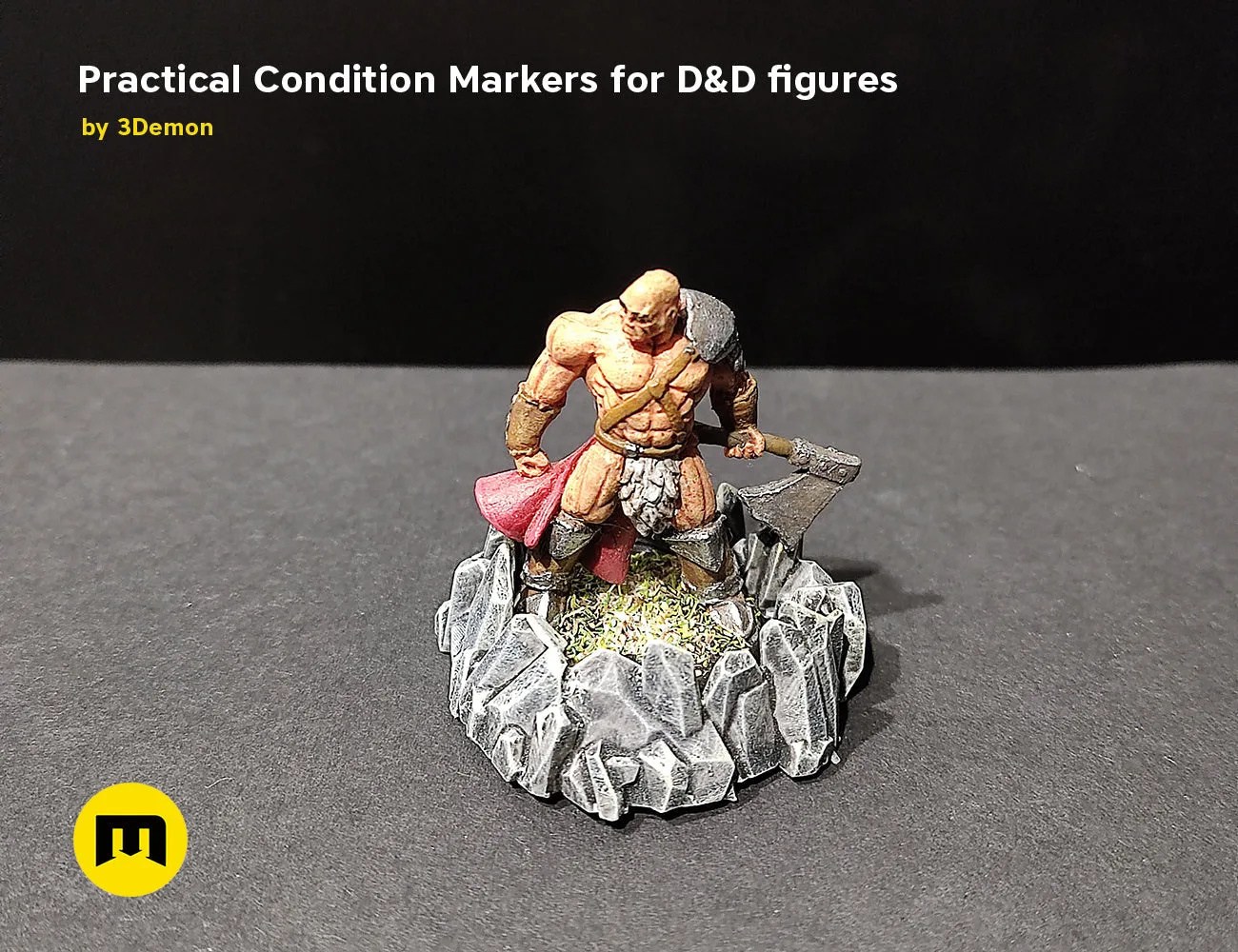 Textured 3D render of Practical Condition Markers for DnD figures, rugged warrior kneeling on rocky base, red cape, axe.