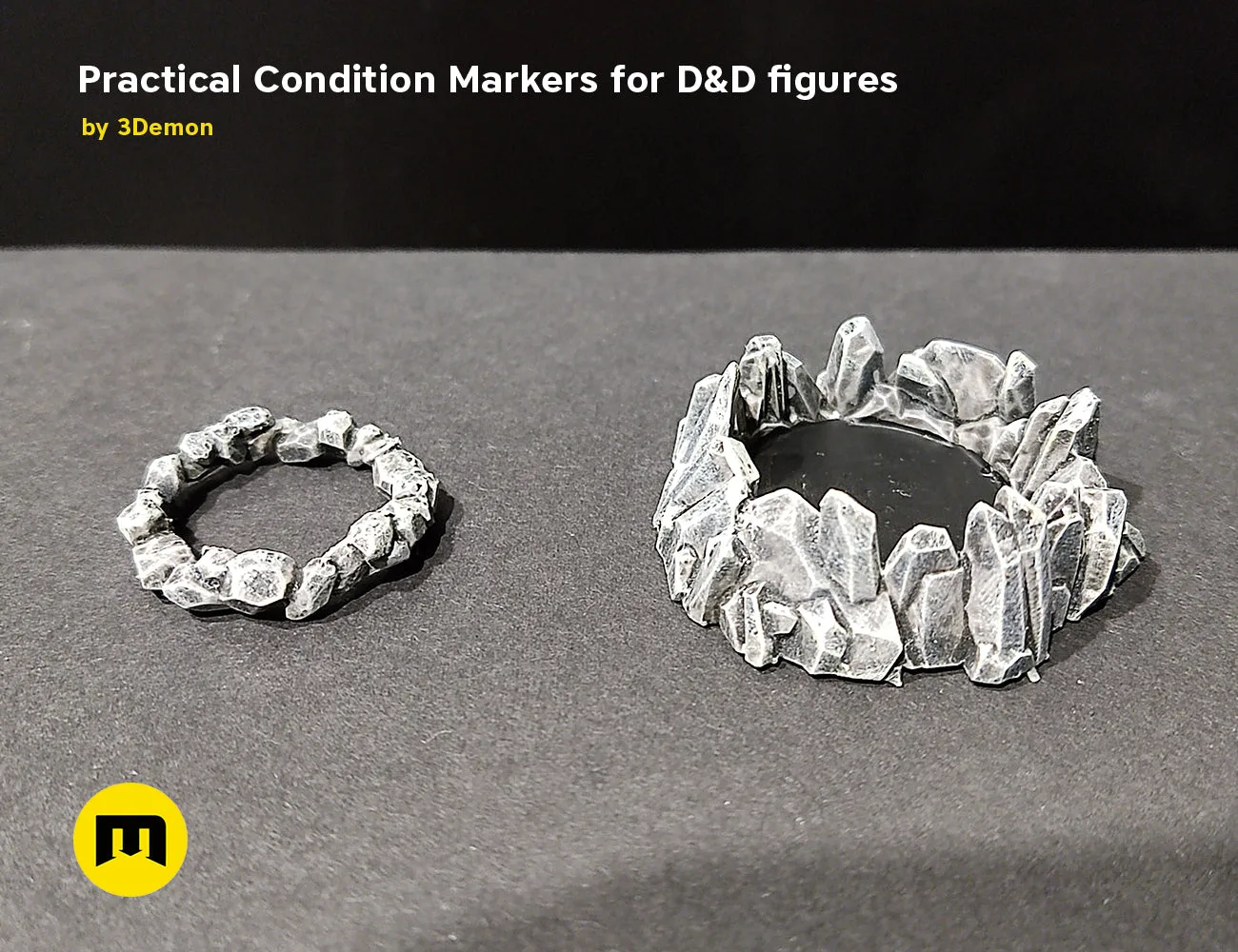 3D render of Practical Condition Markers for DnD figures, silver chain and spike markers, printable STL.