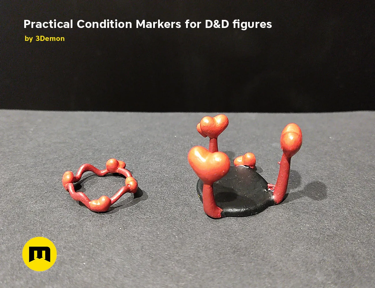 3D printed Practical Condition Markers for D&D figures, red heart and antennae-shaped markers.