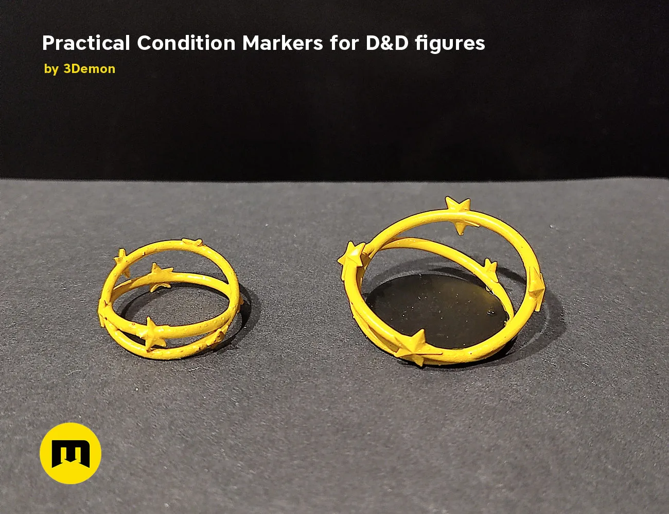 Disassembled parts of Practical Condition Markers for DnD figures, yellow rings with star prongs, 3D printed.
