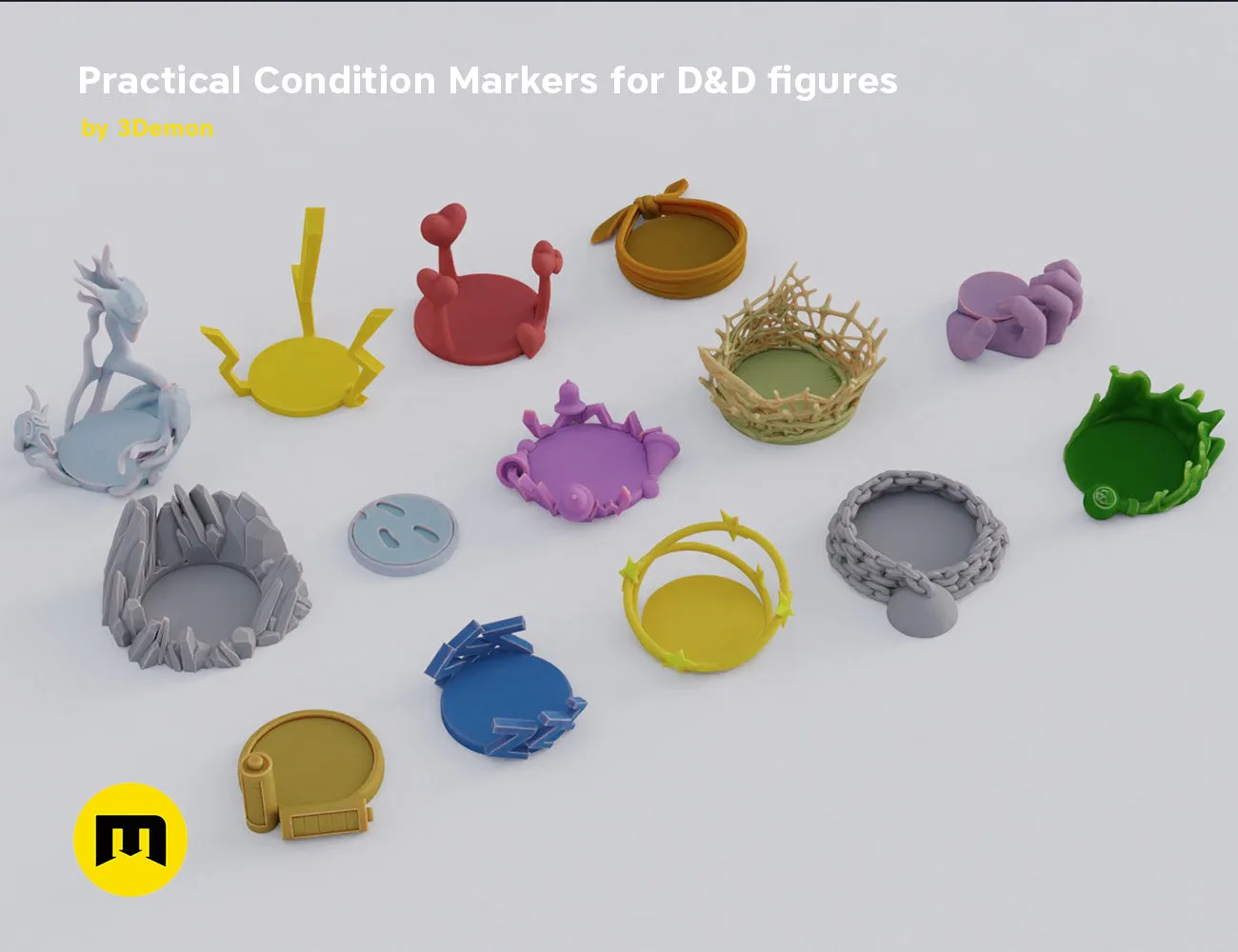 Disassembled parts of Practical Condition Markers for DnD figures, 12 colorful 3D printed tokens and bases.