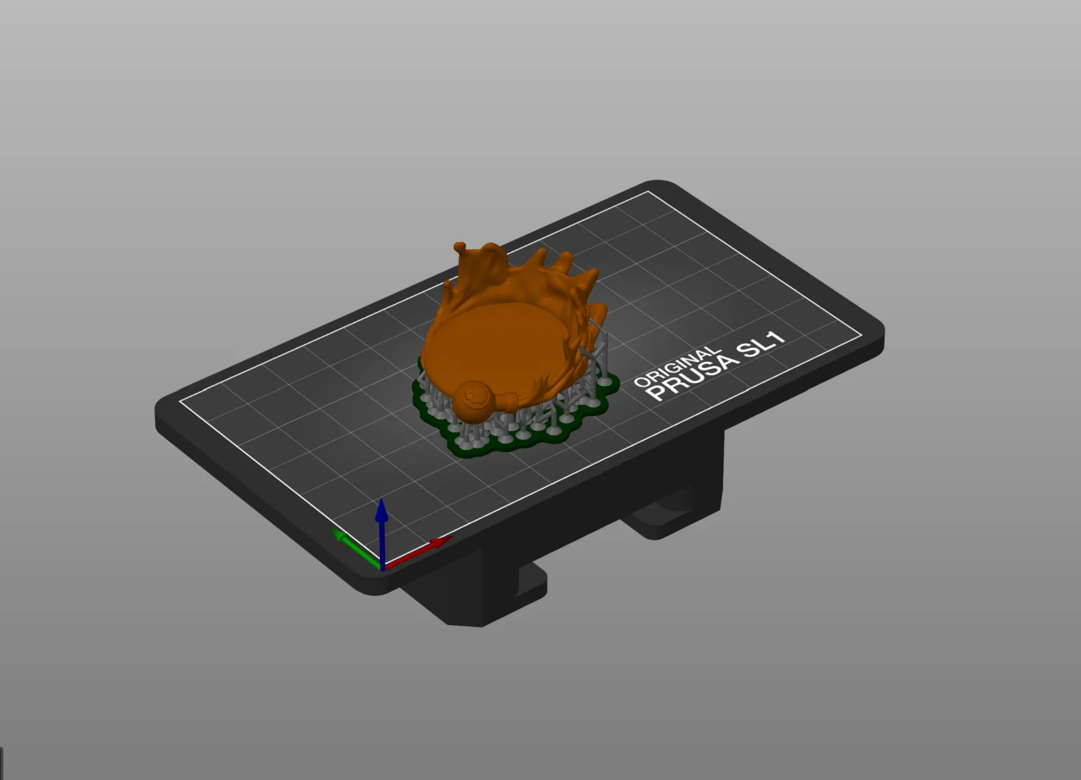 Slicer screenshot of Practical Condition Markers for DnD figures STL, orange base with green supports on Prusa SL1 bed.