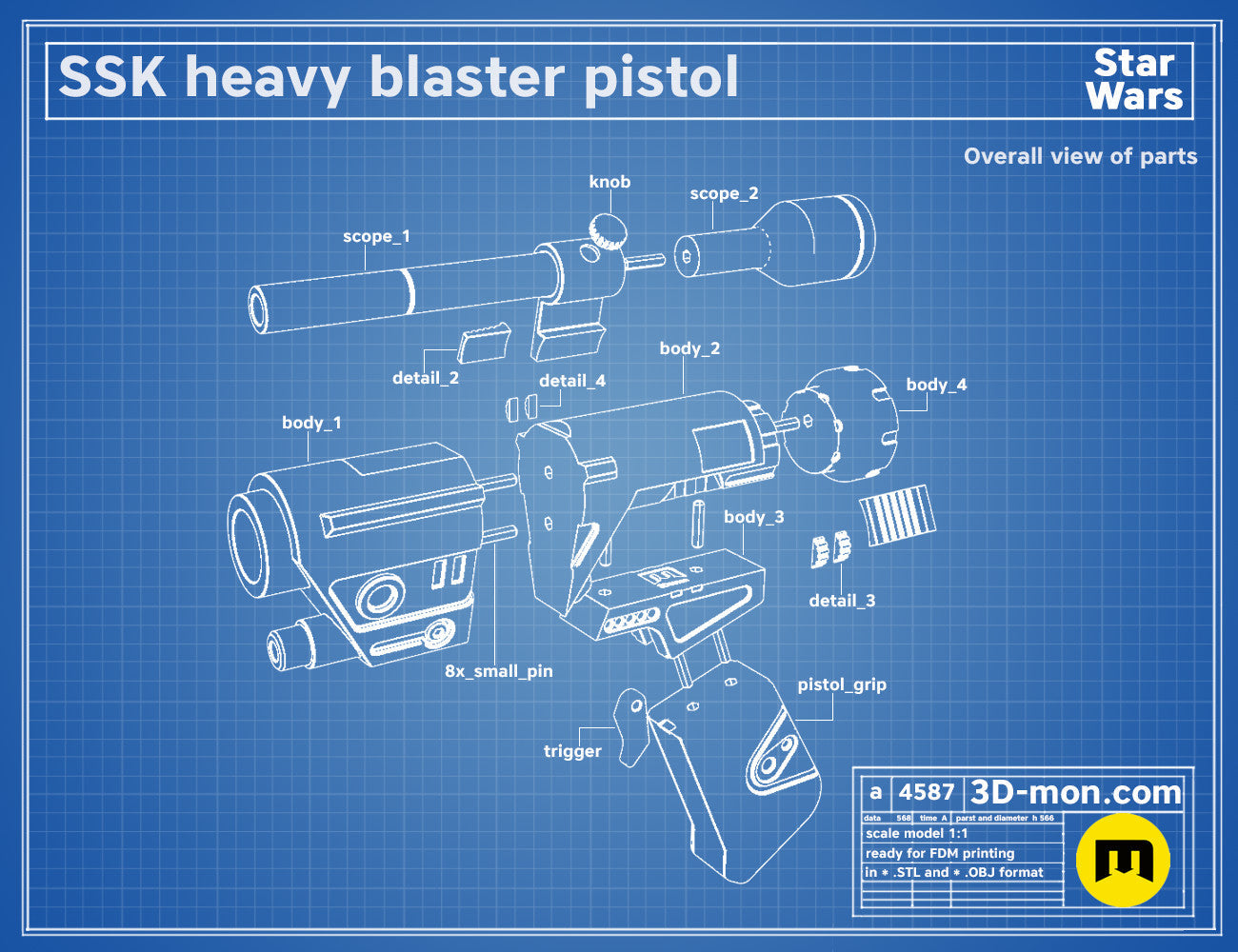 Exploded view of SSK Heavy Blaster pistol STL, labeled parts, 1:1 scale 3D print assembly guide.