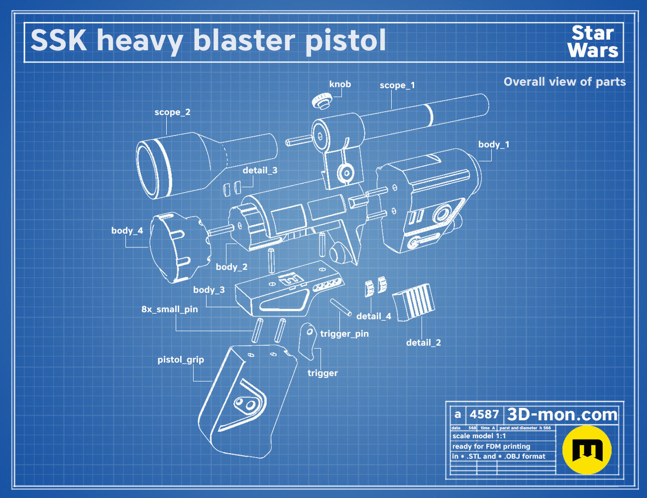 Exploded view of SSK Heavy Blaster pistol STL, labeled parts, 1:1 scale 3D print assembly guide.