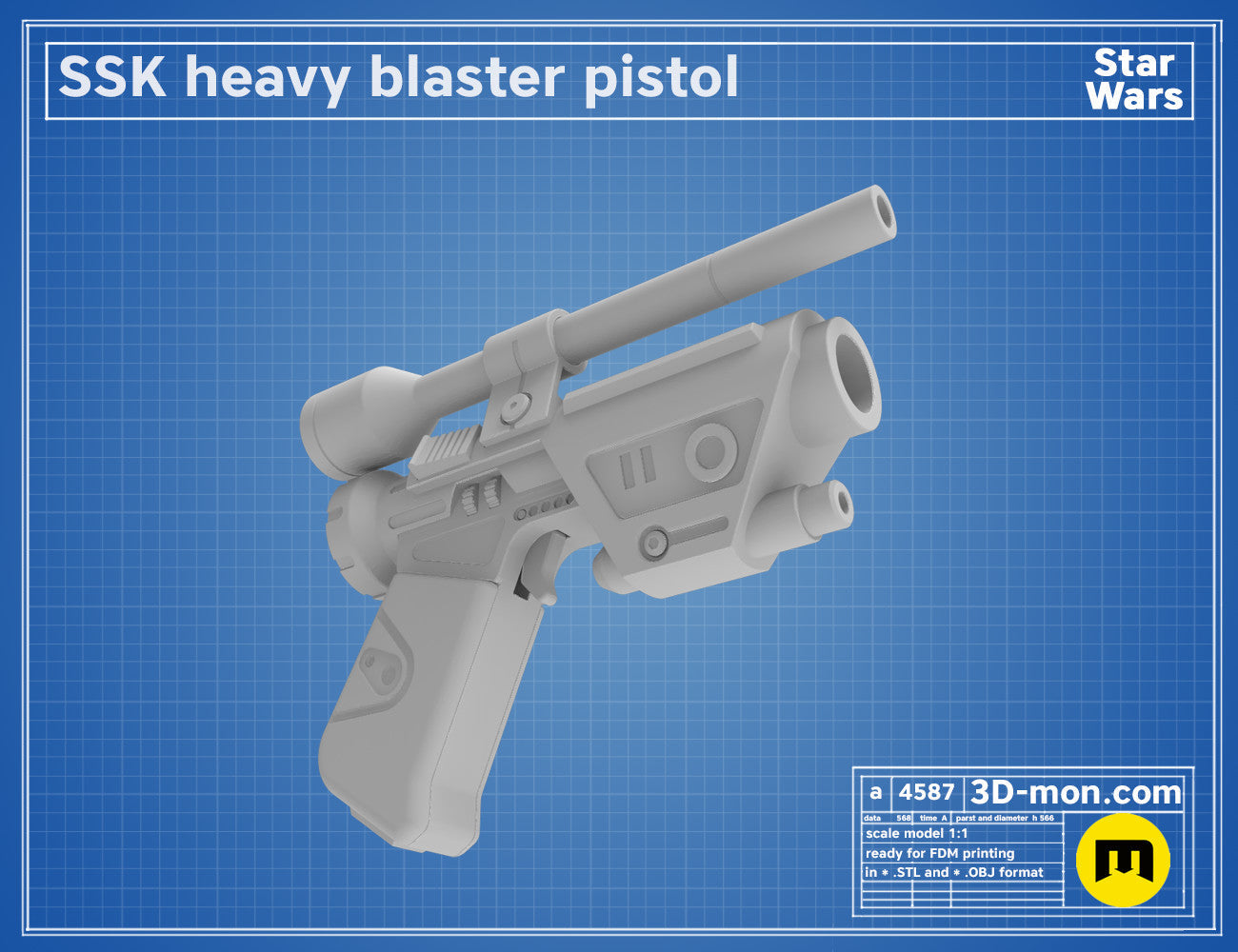 Digital 3D render of SSK Heavy Blaster pistol STL, grey 3D printed blaster with scope and grip.