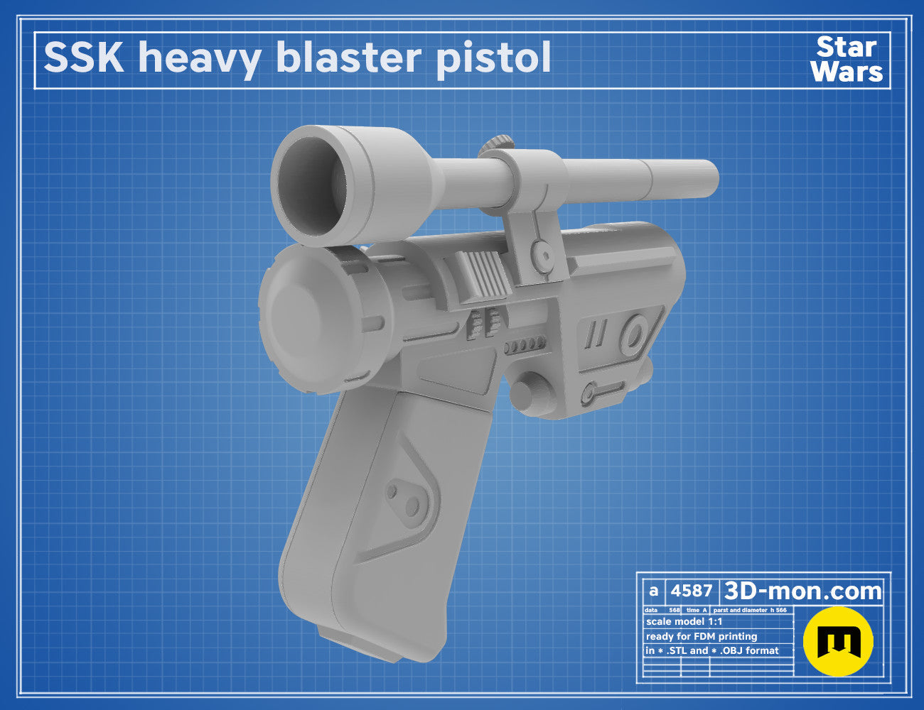 Printable 3D model of SSK Heavy Blaster pistol, grey metallic blaster with barrel and grip, ready for 3D print.