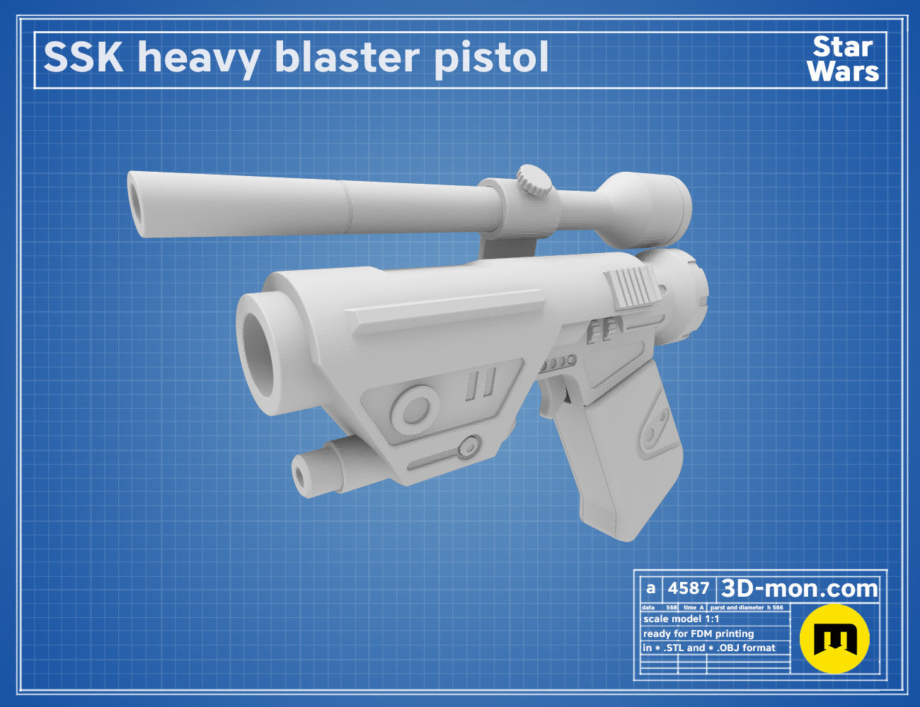 Printable 3D model of SSK Heavy Blaster pistol, grey textured blaster with scope and grip, Star Wars STL.