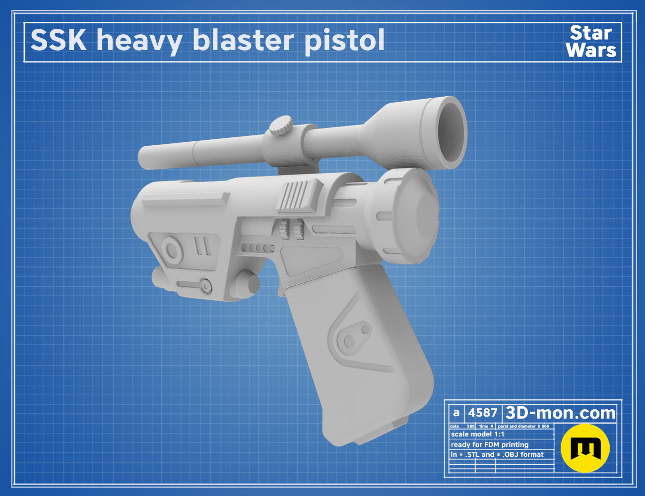 Digital 3D render of SSK Heavy Blaster pistol STL, grey textured blaster with scope and grip.