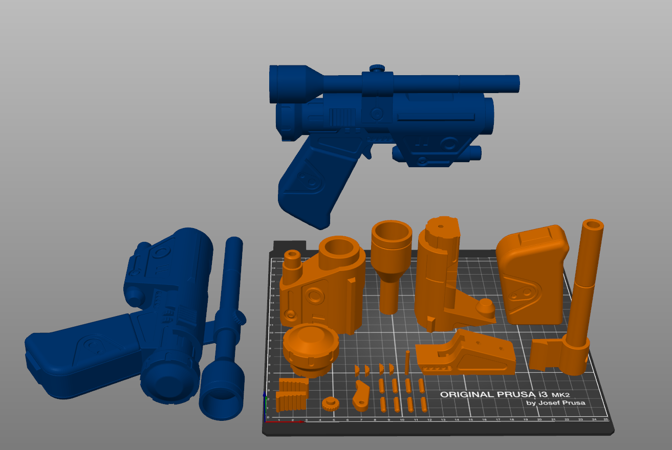 Disassembled parts of SSK Heavy Blaster 3D print, blue blaster with orange internal components.