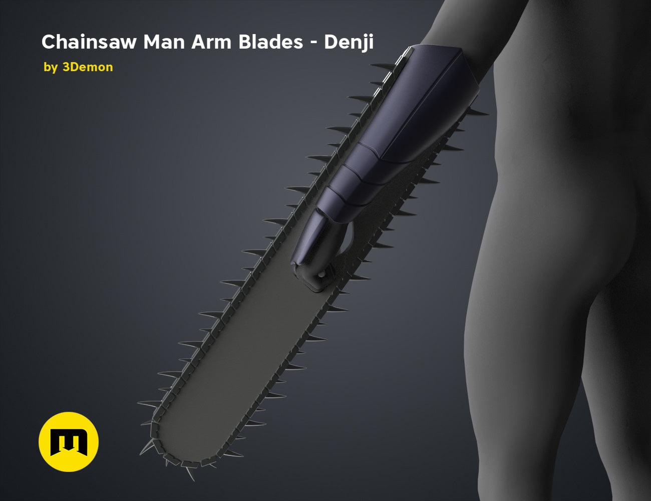 Digital 3D render of Chainsaw Man Set & Pochita STL, spiked arm blades and black chainsaw prop.
