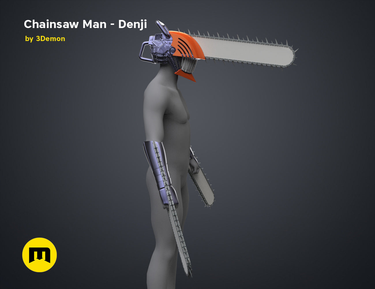 Digital 3D render of Chainsaw Man Denji STL, grey body with orange chainsaw blade and spiked arms, 3D print cosplay p...