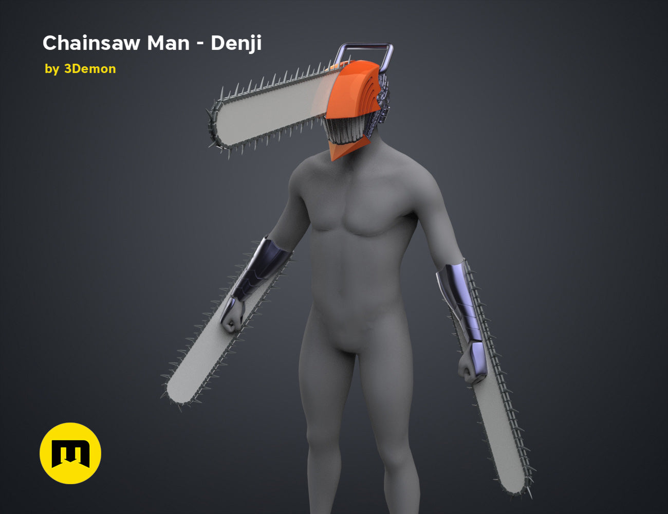 Digital 3D render of Chainsaw Man Set & Pochita STL, grey body with orange/white chainsaw blades, 3D print cosplay prop.
