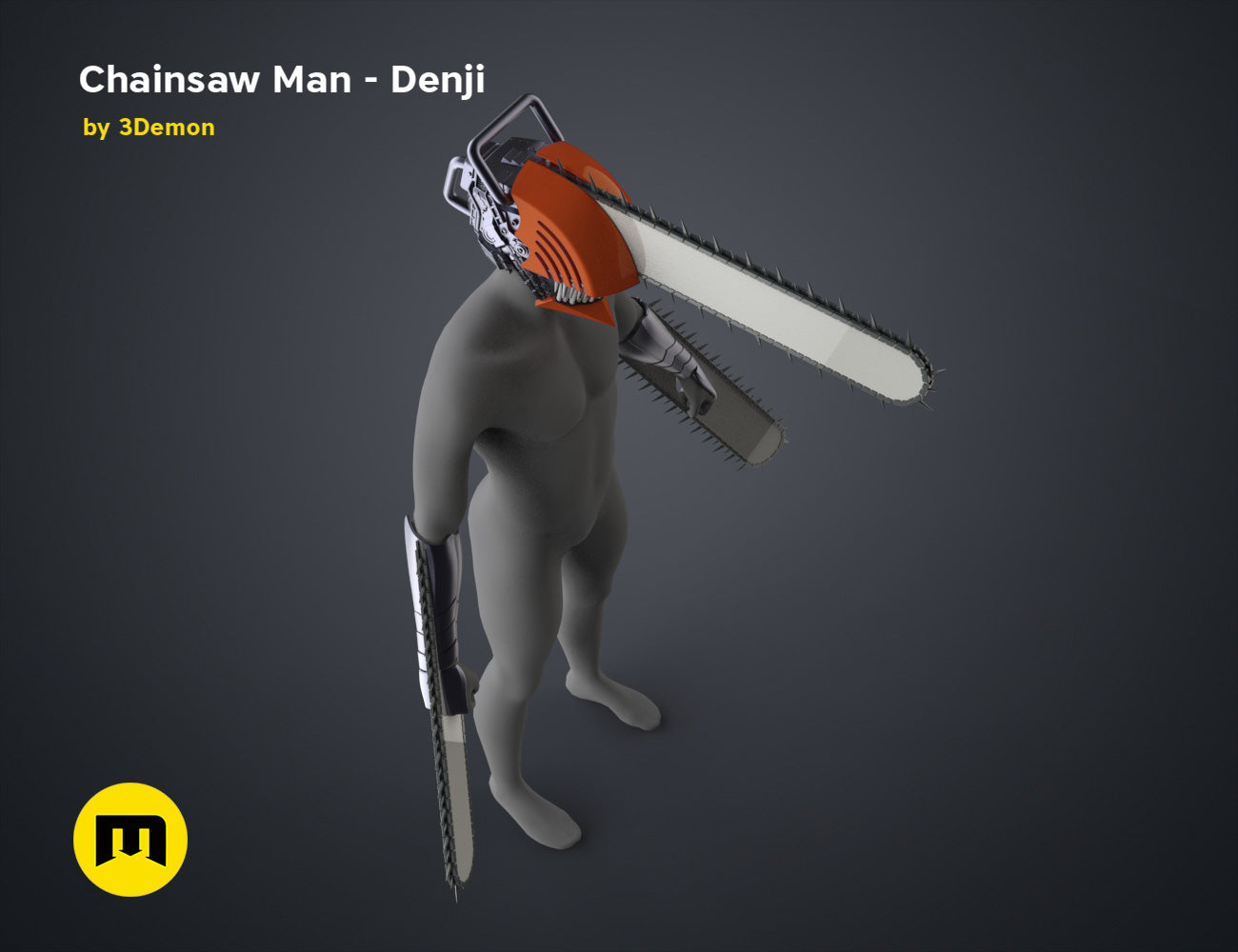 Digital 3D render of Chainsaw Man Denji STL, grey body with orange chainsaw blade and black handle, 3D print cosplay ...
