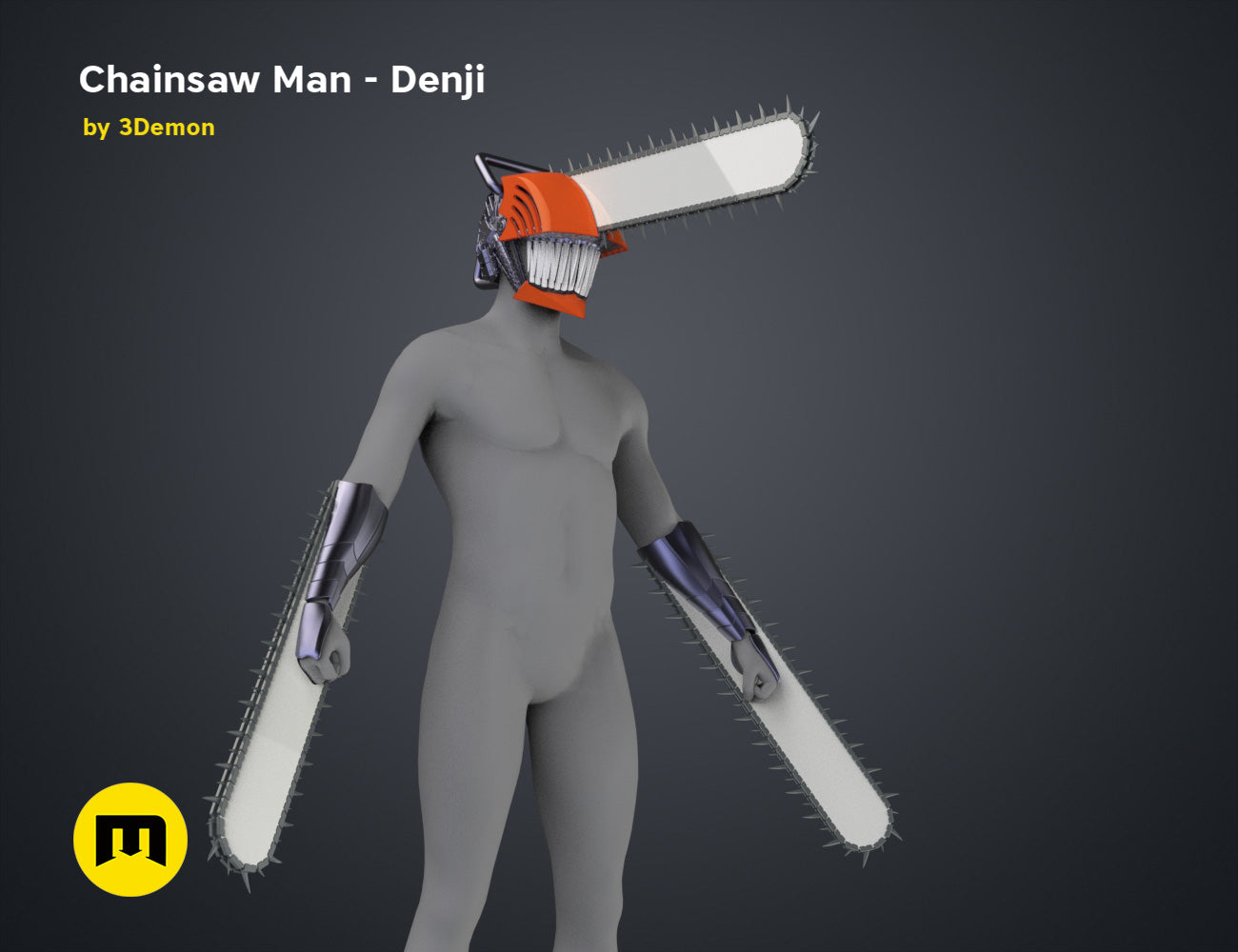 Printable 3D model of Chainsaw Man Set & Pochita, grey figure with 3 chainsaw arms and headpiece.