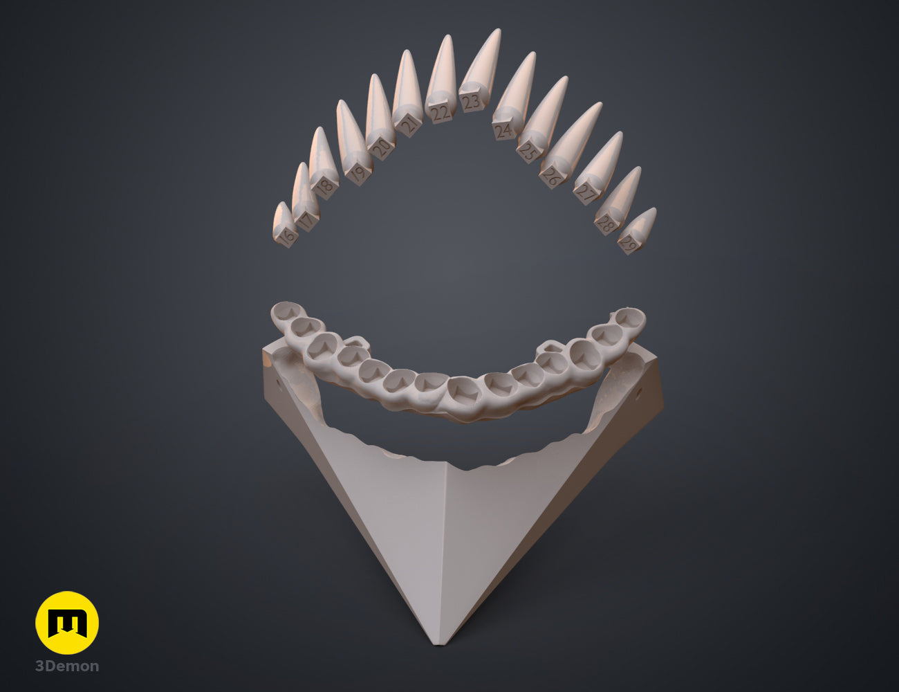 Exploded view of Chainsaw Man Set & Pochita STL, numbered 16-28 teeth and handle parts, 3D print cosplay.