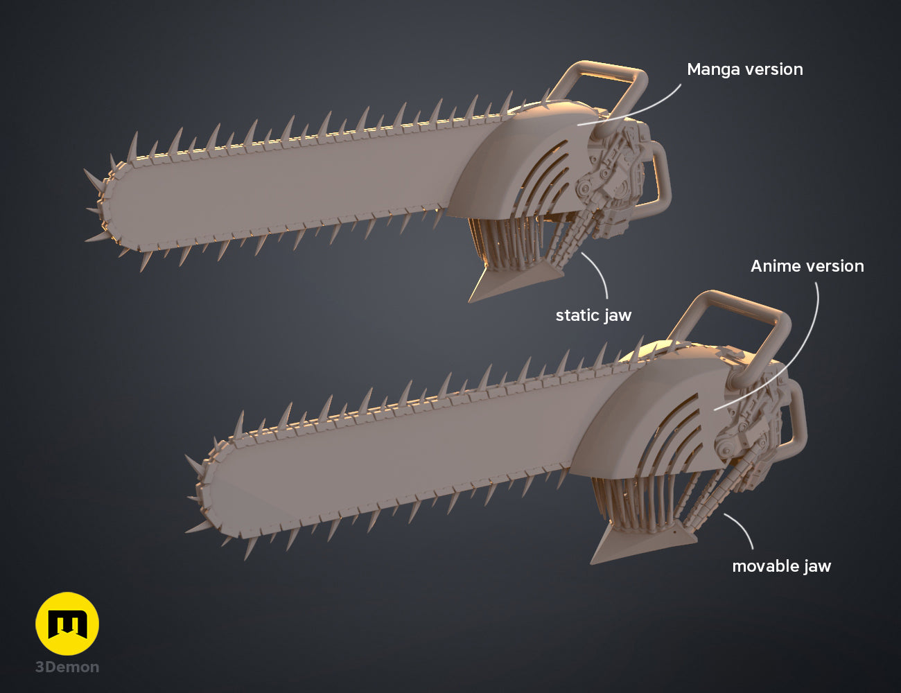 Exploded view of Chainsaw Man Set & Pochita STL, static/movable jaw chainsaws with spiked blades, 3D print.