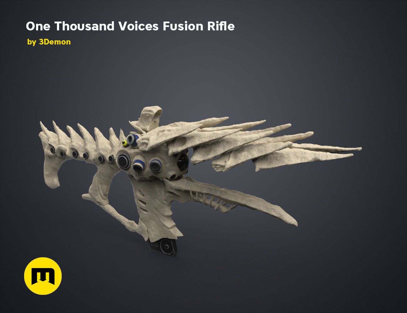 3D model render of One Thousand Voices Fusion Rifle STL, grey textured sci-fi weapon with wings and prongs.