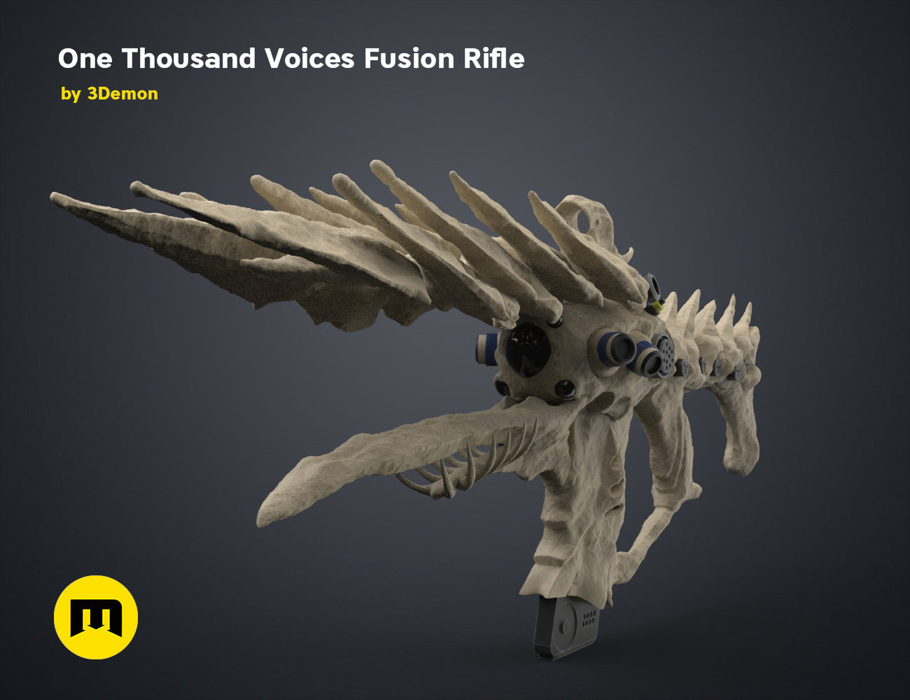 Digital 3D render of One Thousand Voices Fusion Rifle STL, grey textured sci-fi weapon with 10 prongs.