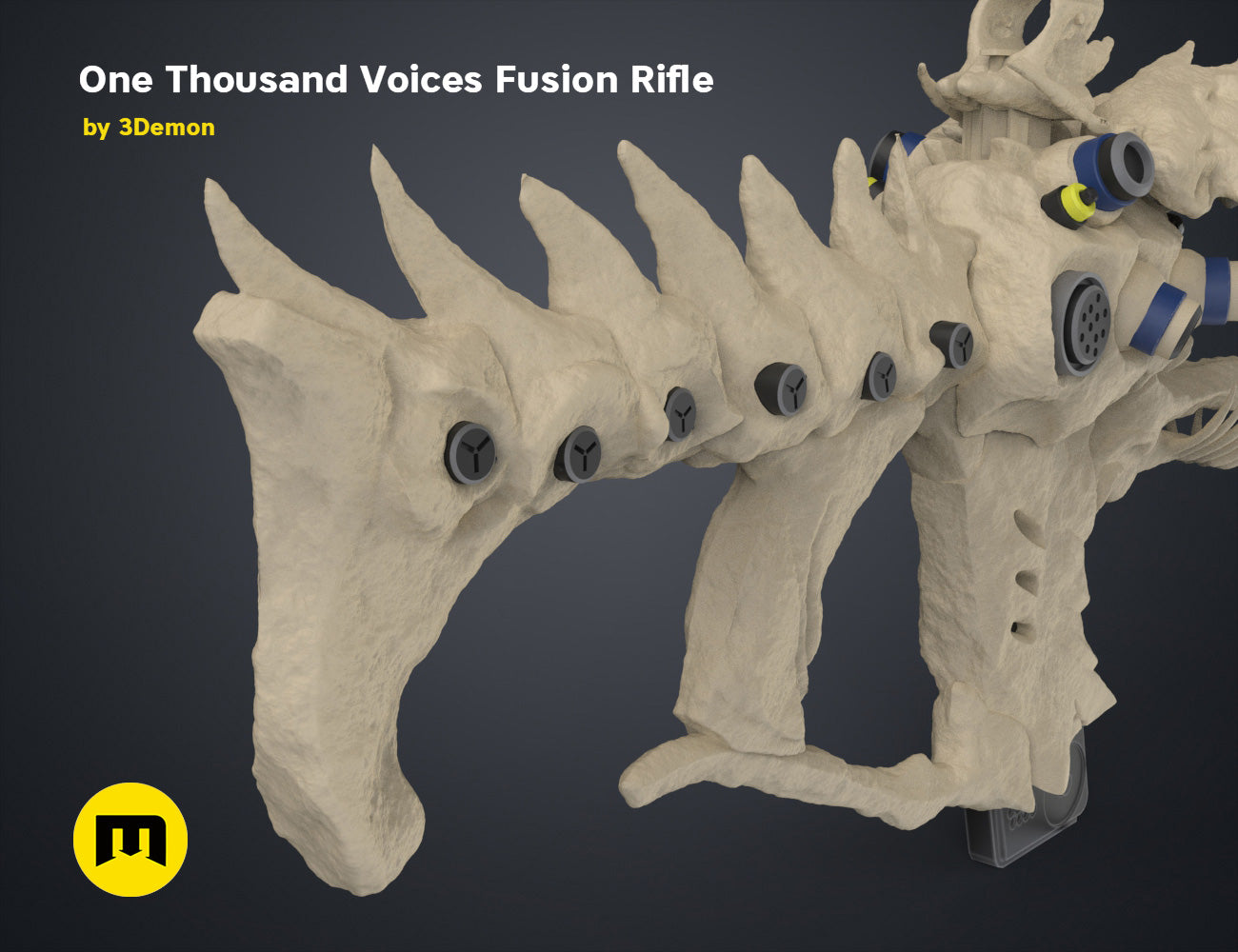 Digital 3D render of One Thousand Voices Fusion Rifle STL, bone-textured, six-pronged 3D print.