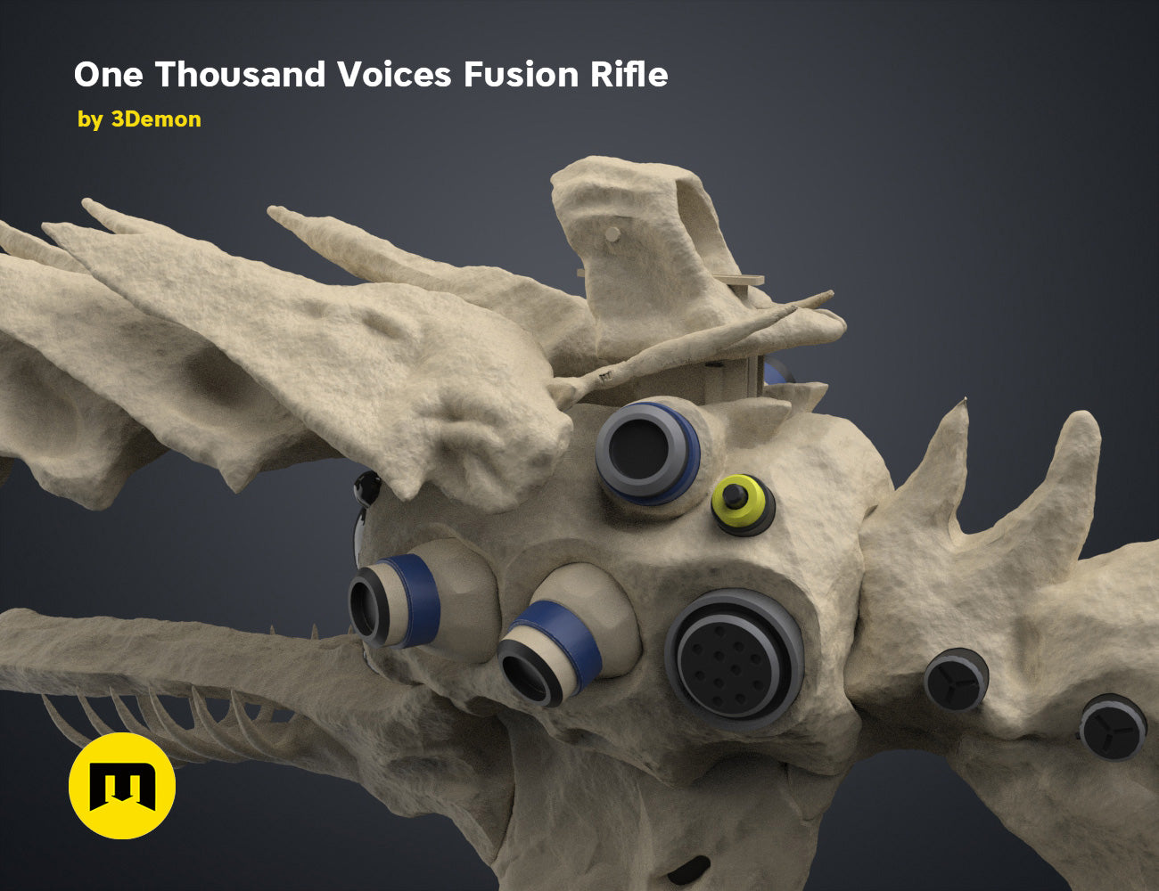 Textured 3D render of One Thousand Voices Fusion Rifle, 3D printed sci-fi weapon with 3 barrels, grey and blue accents.