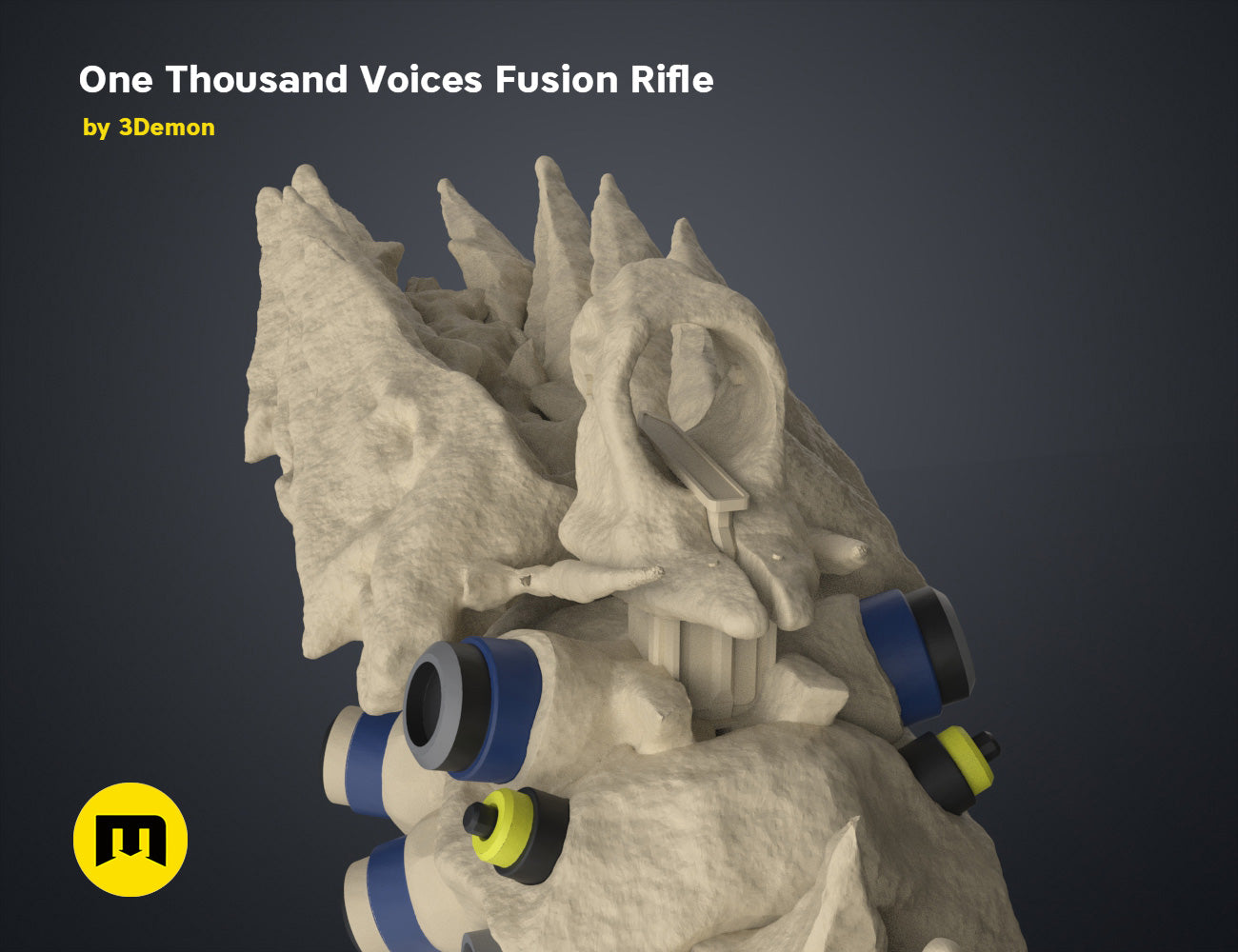 Digital 3D render of One Thousand Voices Fusion Rifle STL, grey textured sci-fi weapon with blue accents.