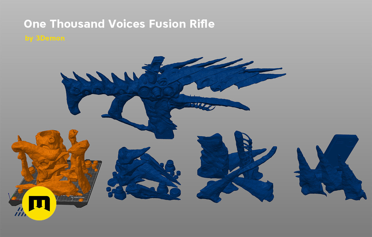 Disassembled parts of One Thousand Voices Fusion Rifle STL, blue multi-pronged weapon pieces.
